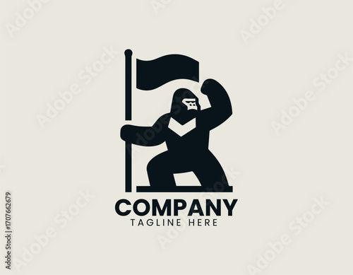 Gorilla with flag illustrated as bold mascot vector logo in minimal strong powerful heroic design style