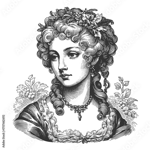 18th century woman portrait with curly hair sketch engraving generative ai fictional character vector illustration. Scratch board imitation. Black and white image.