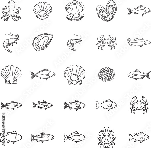 Seafood and Marine Life Restaurant Line Icon Set
