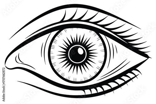 Human eye with lashes and a starburst pupil in bold black outlines