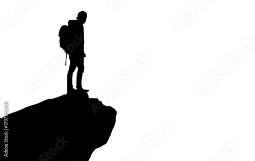 A bold silhouette of a person with a backpack standing on a rocky mountain peak against a stark white background.