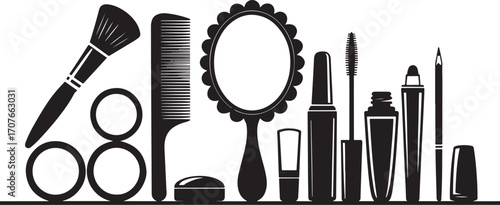 Elegant black silhouette icons of makeup and haircare tools including brush, comb, mirror, and cosmetics, perfect for beauty designs.