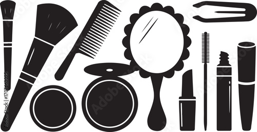 Elegant black silhouette icons of makeup and haircare tools including brush, comb, mirror, and cosmetics, perfect for beauty designs.