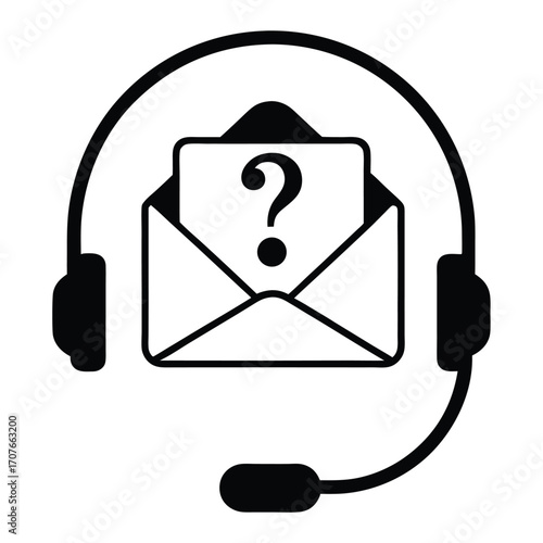 Illustrated headset surrounds an open envelope displaying a question mark on white background