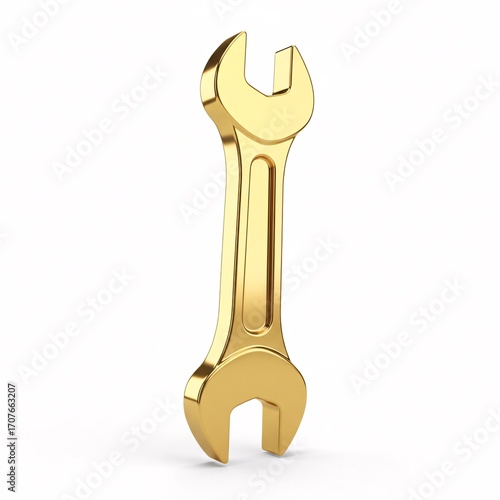 A golden wrench, a glossy metallic surface, a tool for repair,