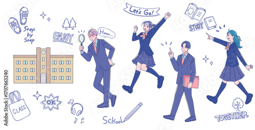 制服を着た高校生たちのスクールライフセット