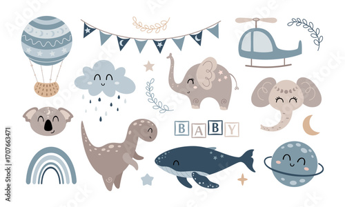 Boho baby clipart set for newborn boys. Baby shower, Nursery design, Bohemian vector illustration.