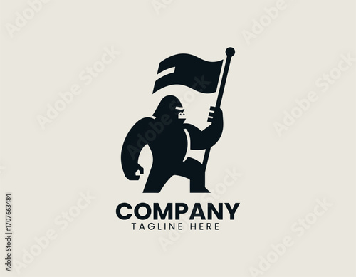 Gorilla with flag illustrated as bold mascot vector logo in minimal strong powerful heroic design style