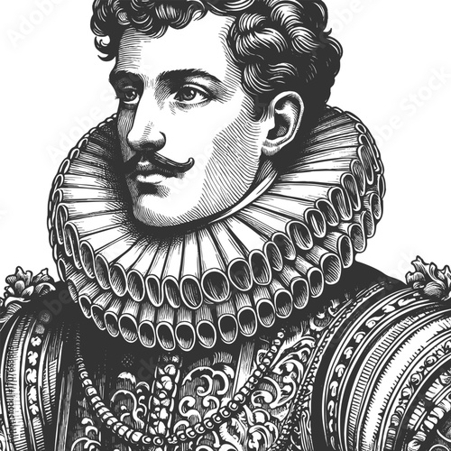 aristocratic man with mustache and beard, wearing ornate clothing and a large ruffled collar sketch engraving generative ai fictional character vector illustration. Scratch board. Black and white.