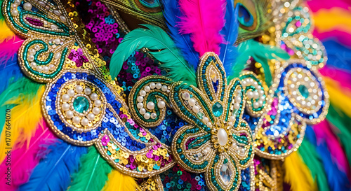 Wallpaper Mural Close-up of a vibrant and ornate carnival headdress adorned with colorful feathers, sequins, and intricate beadwork. Torontodigital.ca