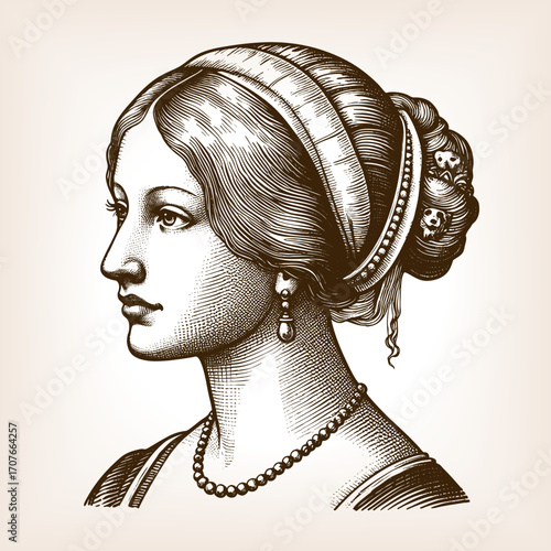 16th century woman with elegant hairstyle, traditional Renaissance clothing in profile view sketch engraving generative ai fictional character vector illustration. Scratch board. Black and white image