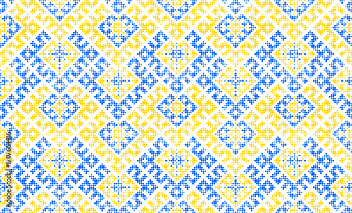 Traditional Ukrainian ornament vector, blue and yellow cross-stitch seamless pattern, ethnic vyshyvanka embroidery, folk geometric background for print, fabric, clothing, website, banner