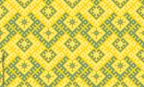Traditional Ukrainian ornament vector, blue and yellow cross-stitch seamless pattern, ethnic vyshyvanka embroidery, folk geometric background for print, fabric, clothing, website, banner