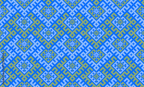 Traditional Ukrainian ornament vector, blue and yellow cross-stitch seamless pattern, ethnic vyshyvanka embroidery, folk geometric background for print, fabric, clothing, website, banner