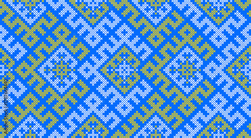 Traditional Ukrainian ornament vector, blue and yellow cross-stitch seamless pattern, ethnic vyshyvanka embroidery, folk geometric background for print, fabric, clothing, website, banner