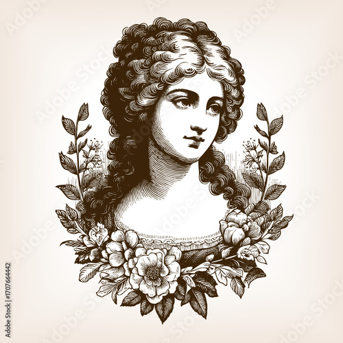 18th century woman portrait with curly hair sketch engraving generative ai fictional character vector illustration. Scratch board imitation. Black and white image.