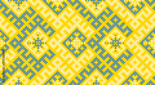 Traditional Ukrainian ornament vector, blue and yellow cross-stitch seamless pattern, ethnic vyshyvanka embroidery, folk geometric background for print, fabric, clothing, website, banner