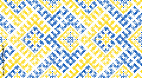 Traditional Ukrainian ornament vector, blue and yellow cross-stitch seamless pattern, ethnic vyshyvanka embroidery, folk geometric background for print, fabric, clothing, website, banner