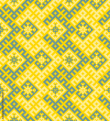 Traditional Ukrainian ornament vector, blue and yellow cross-stitch seamless pattern, ethnic vyshyvanka embroidery, folk geometric background for print, fabric, clothing, website, banner