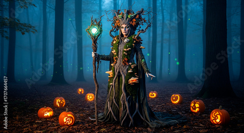 Mystical forest witch in a moss dress holding a glowing staff surrounded by pumpkins.