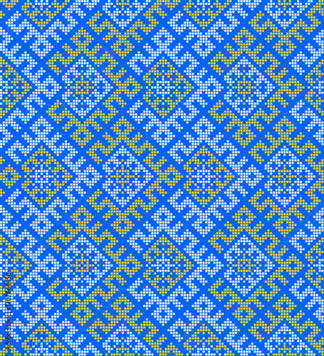 Traditional Ukrainian ornament vector, blue and yellow cross-stitch seamless pattern, ethnic vyshyvanka embroidery, folk geometric background for print, fabric, clothing, website, banner
