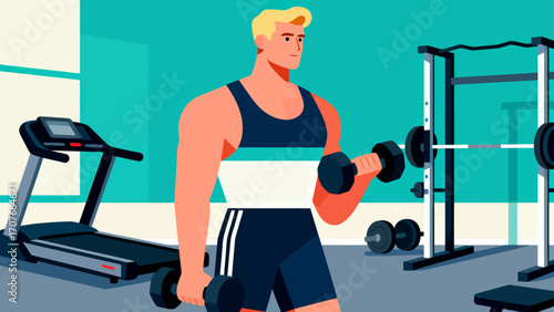 Working out with dumbbells in the gym, hand-drawn vector illustrations