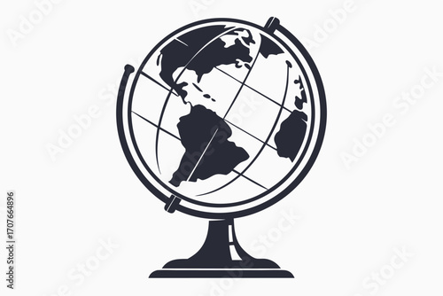 Isolated monochrome globe with stand shows continents, providing education about geography