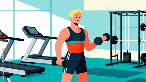 Working out with dumbbells in the gym, hand-drawn vector illustrations