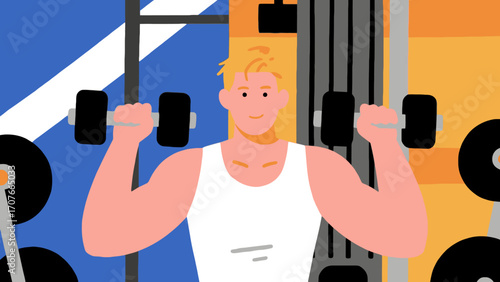 Working out with dumbbells in the gym, hand-drawn vector illustrations