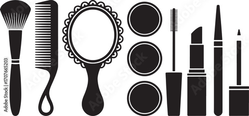 Elegant black silhouette icons of makeup and haircare tools including brush, comb, mirror, and cosmetics, perfect for beauty designs.