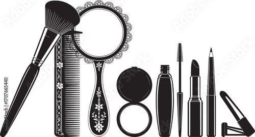 Elegant black silhouette icons of makeup and haircare tools including brush, comb, mirror, and cosmetics, perfect for beauty designs.