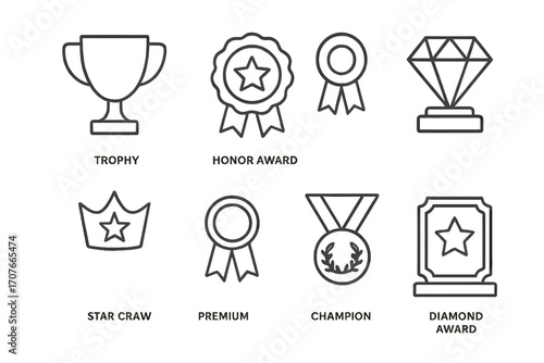 Outline styles of trophies, medals, and awards with various designs and shapes for achievements