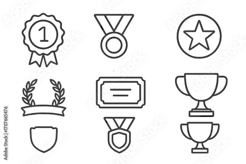 Award symbols: medals, trophies, ribbons, shields, stars, laurels, certificates