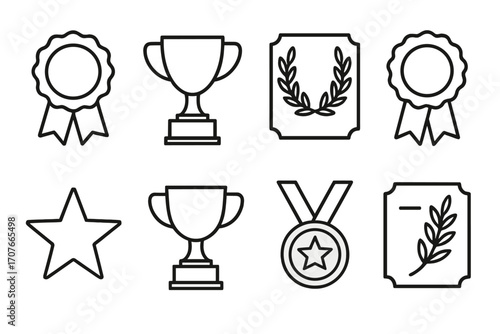 Outline design of awards and trophies featuring medals, cups, and ribbons