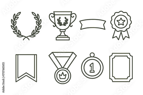 Collection of award symbols: trophy, medal, ribbon, laurel, badge, and frame