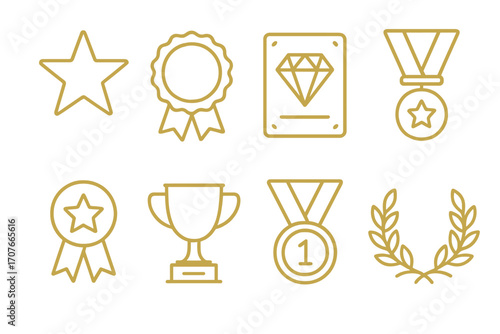 Golden award icons featuring trophy, medal, ribbon, and star symbols