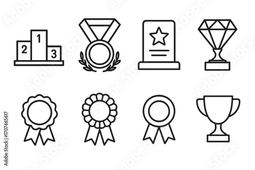 Icon set of awards and trophies: podium, medal, plaque, trophy, ribbon