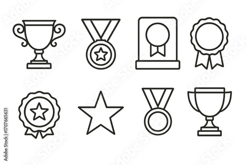 Trophy cup medal ribbon plaque icons set