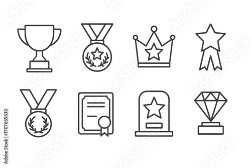 Outline icons of trophies medals crowns and awards
