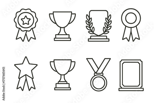 Set of eight award icons including trophies, ribbons, medals, and plaques