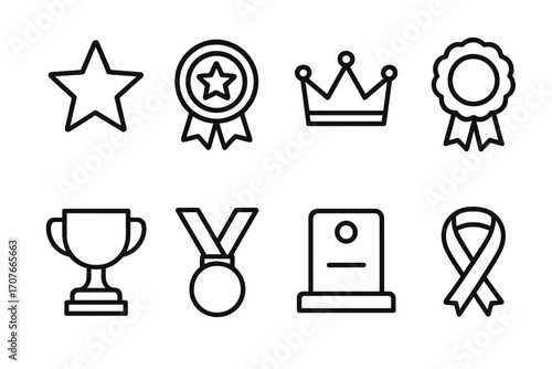 Award and achievement icons: star, medal, crown, trophy, ribbon, plaque designs
