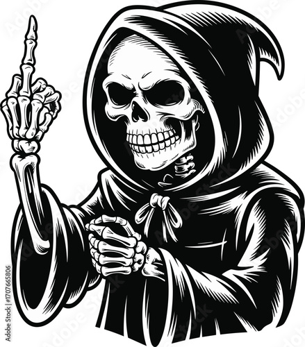 Black and White Grim Reaper Skeleton with Hood Pointing Upward grimreaper death