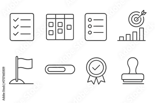 Set of line icons: checklist, kanban board, progress chart, target, flag, loading bar, badge, stamp