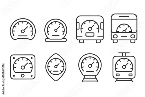 Set of eight line art speedometers and gauges with variations in design and shape