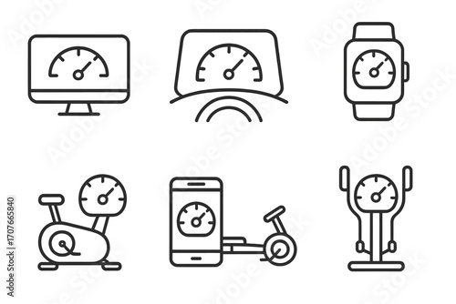 Line icons of speedometers: monitor dashboard watch exercise bike smartphone