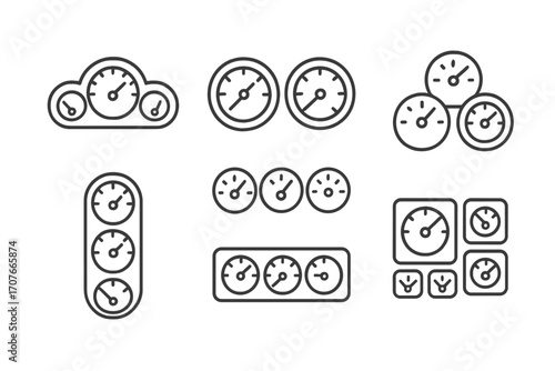 Collection of minimalistic analog gauge icons for speed and pressure measurement