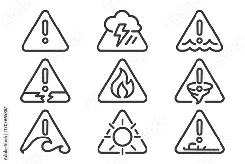 Set of hazard warning symbols for natural disasters and safety alerts