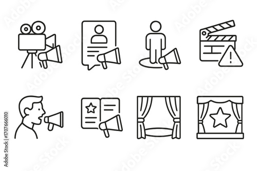 Icon set: film camera, profile, megaphone, clapboard, announcement, review, curtains, stage