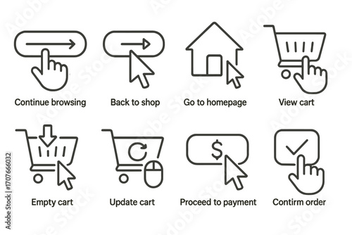 Online shopping icons: cart, homepage, payment navigation symbols