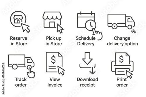 Online order options icons: reserve, pickup, delivery, invoice, track, print